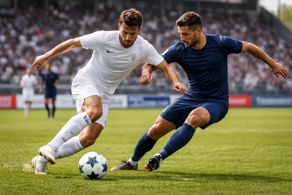 Twee voetbalteams in actie op een groen veld in de Eredivisie