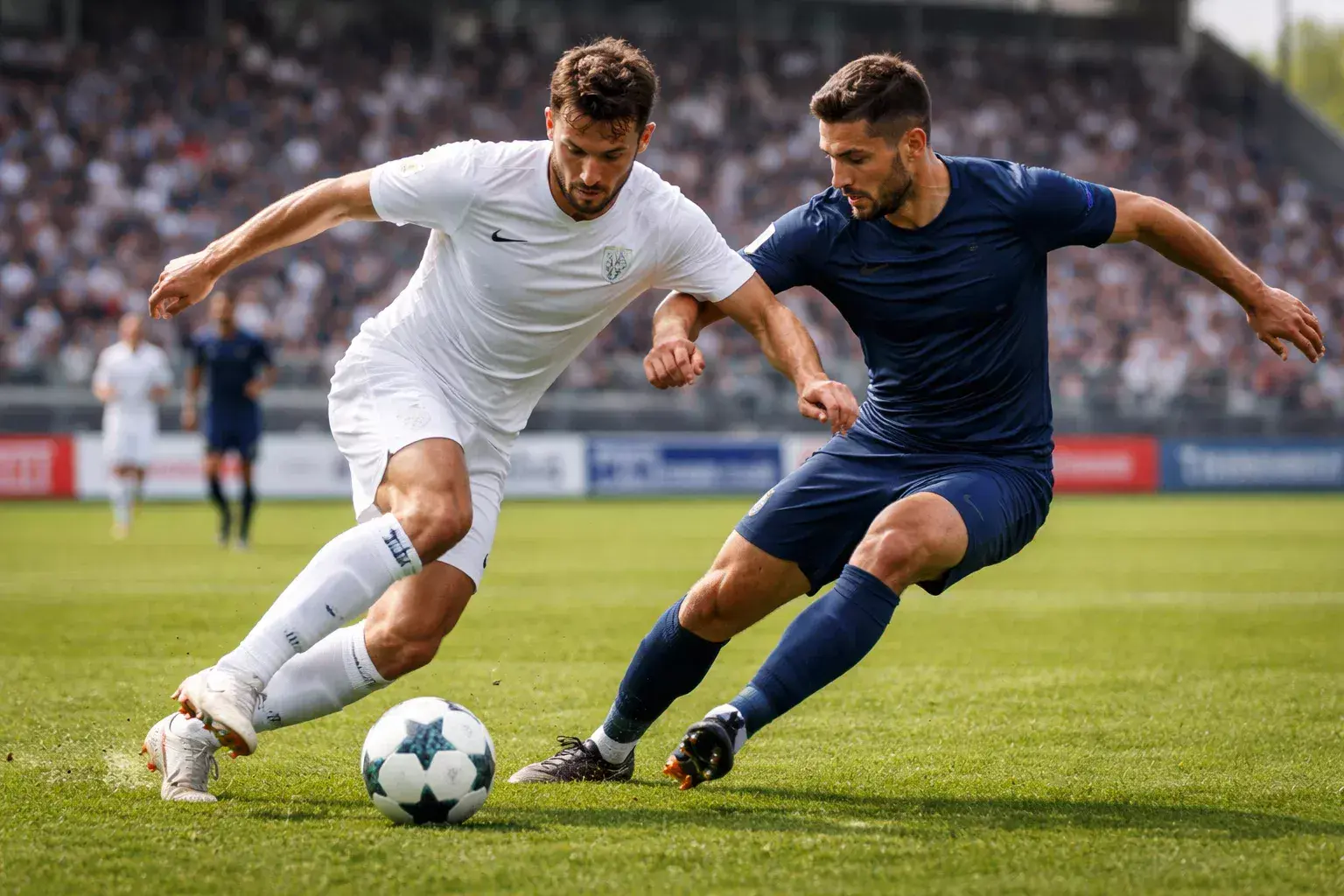 Twee voetbalteams in actie op een groen veld in de Eredivisie