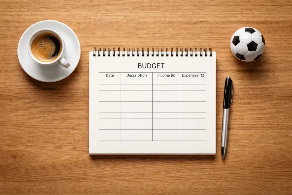 Notitieboek met een pen en een €-teken op een houten tafel
