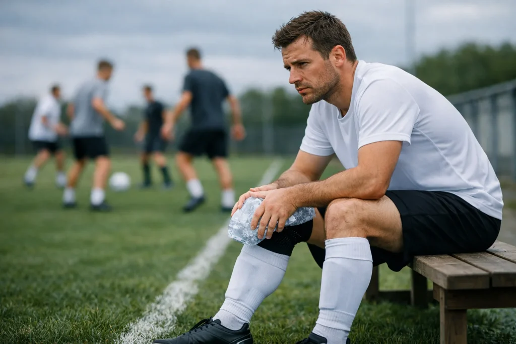 Voetbalspeler met blessure zit op de bank terwijl het team op het veld traint