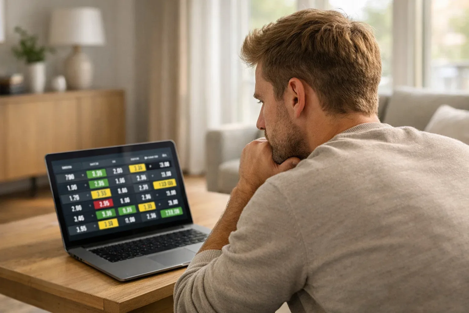 Jonge man denkt na achter laptop in moderne woonkamer