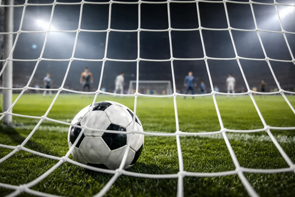 Doelman strekt zich uit naar de bal terwijl een aanvaller scoort in het stadion