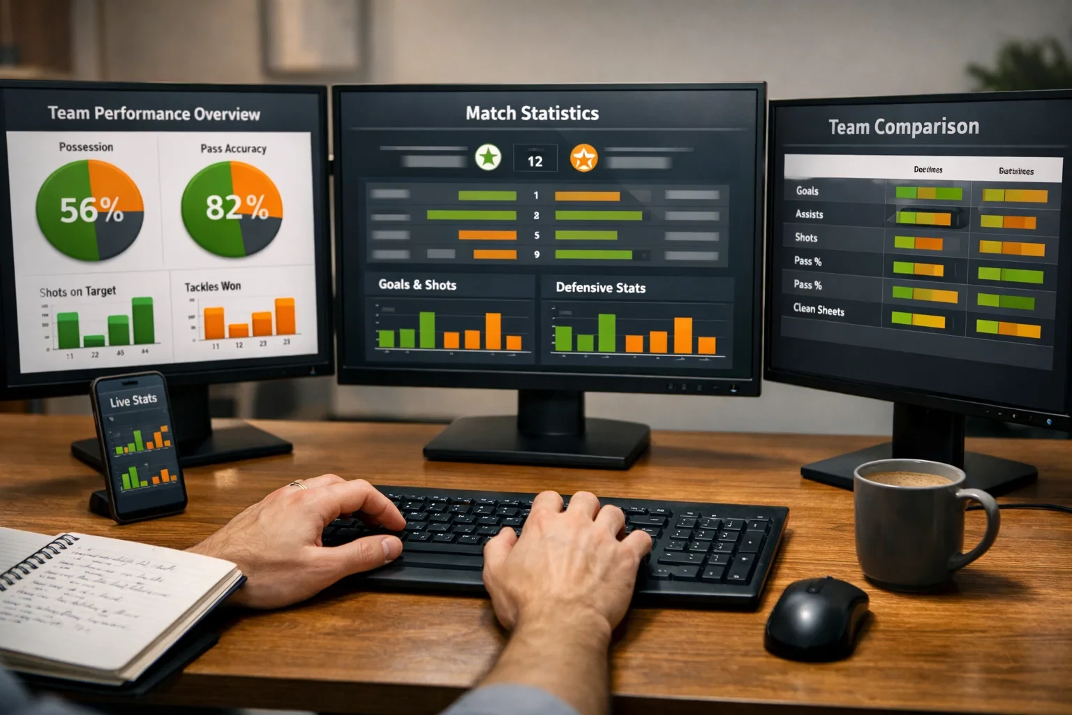 Analist bekijkt voetbalstatistieken op meerdere schermen