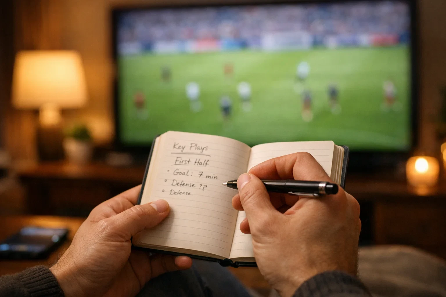 Persoon maakt notities tijdens voetbalwedstrijd analyse