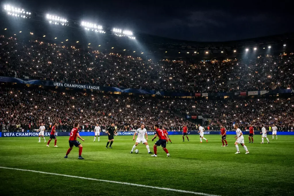 Champions League avondwedstrijd in een Europees stadion met felle verlichting