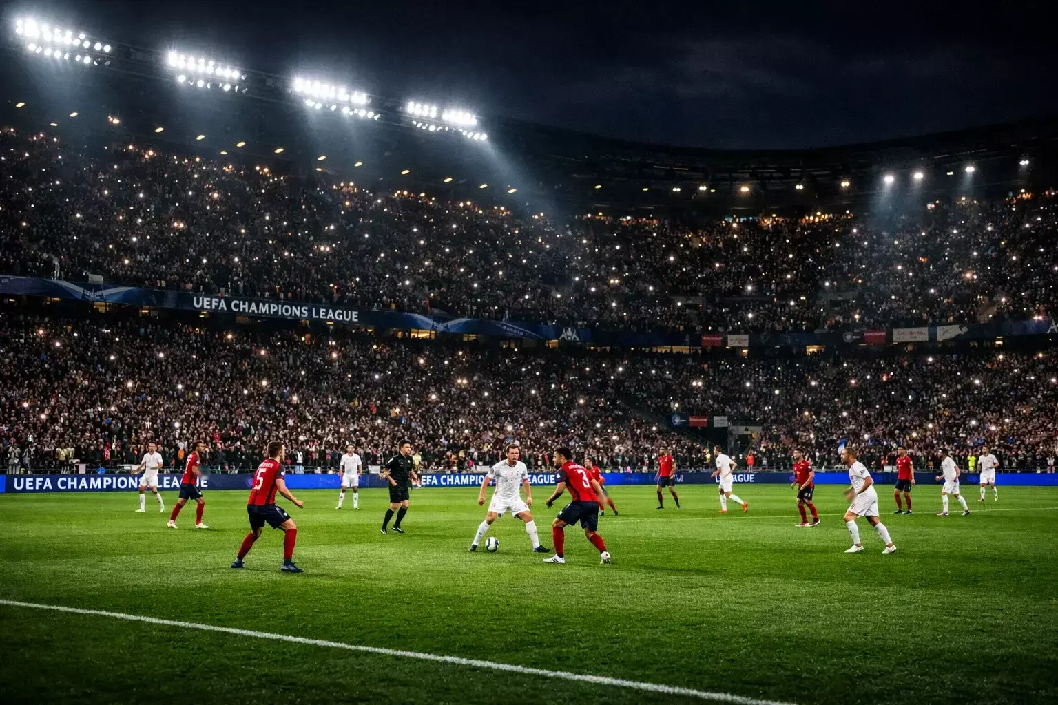 Champions League avondwedstrijd in een Europees stadion met felle verlichting
