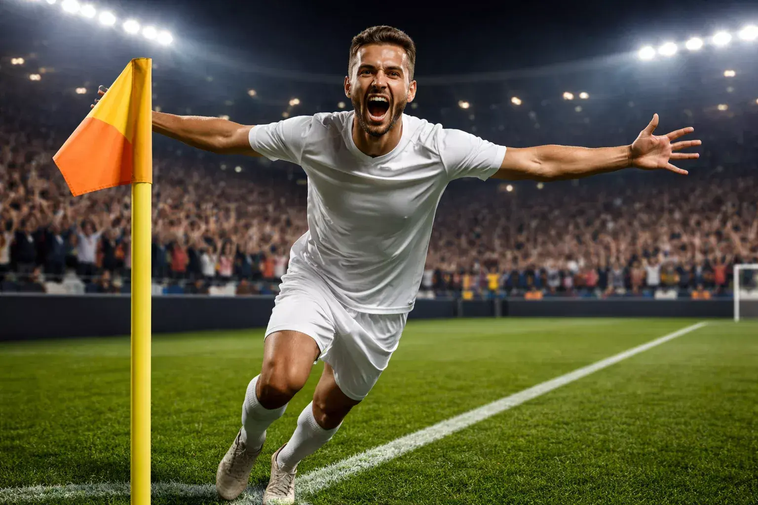 Voetbalspeler viert een doelpunt voor het publiek in het stadion
