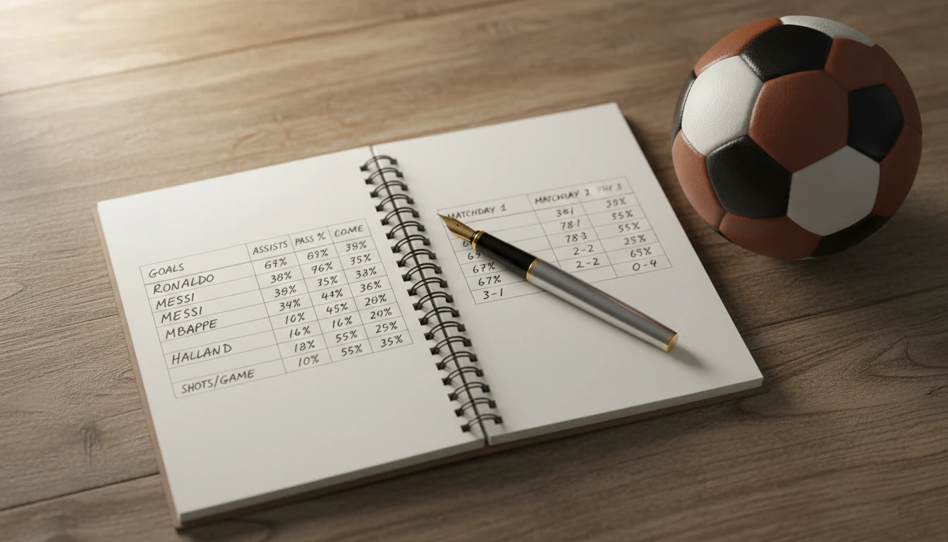 Notitieboekje met statistieken naast voetbal op bureau