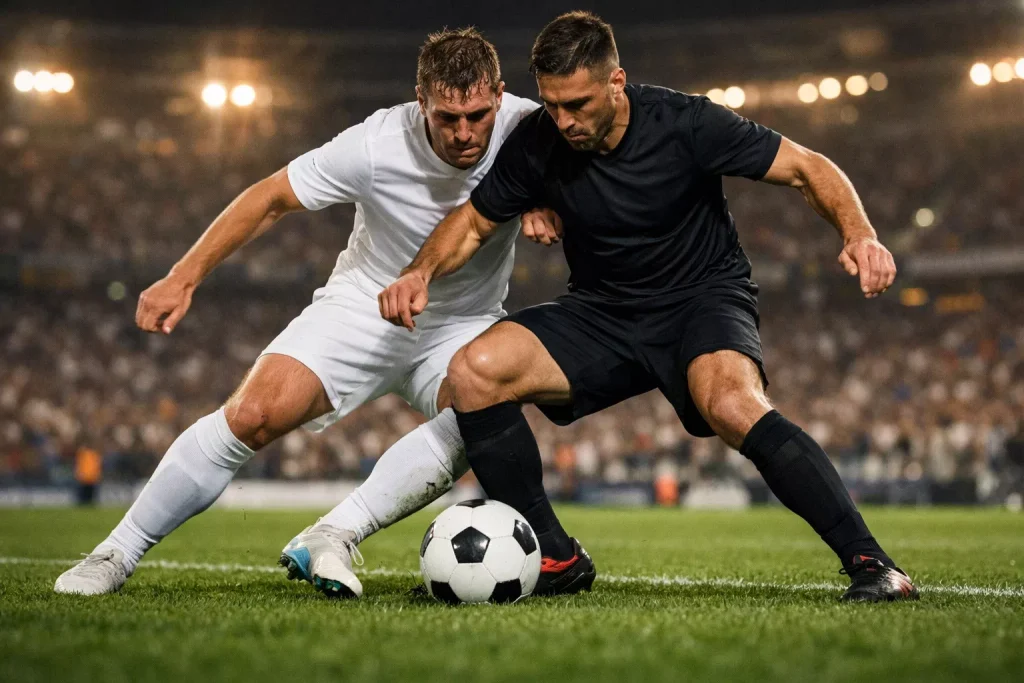 Voetbalwedstrijd in een stadion met spelers in een duel om de bal