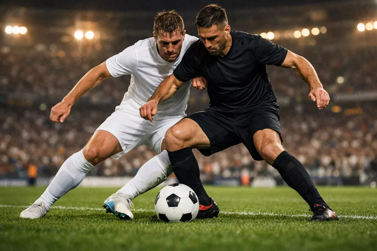 Voetbalwedstrijd in een stadion met spelers in een duel om de bal