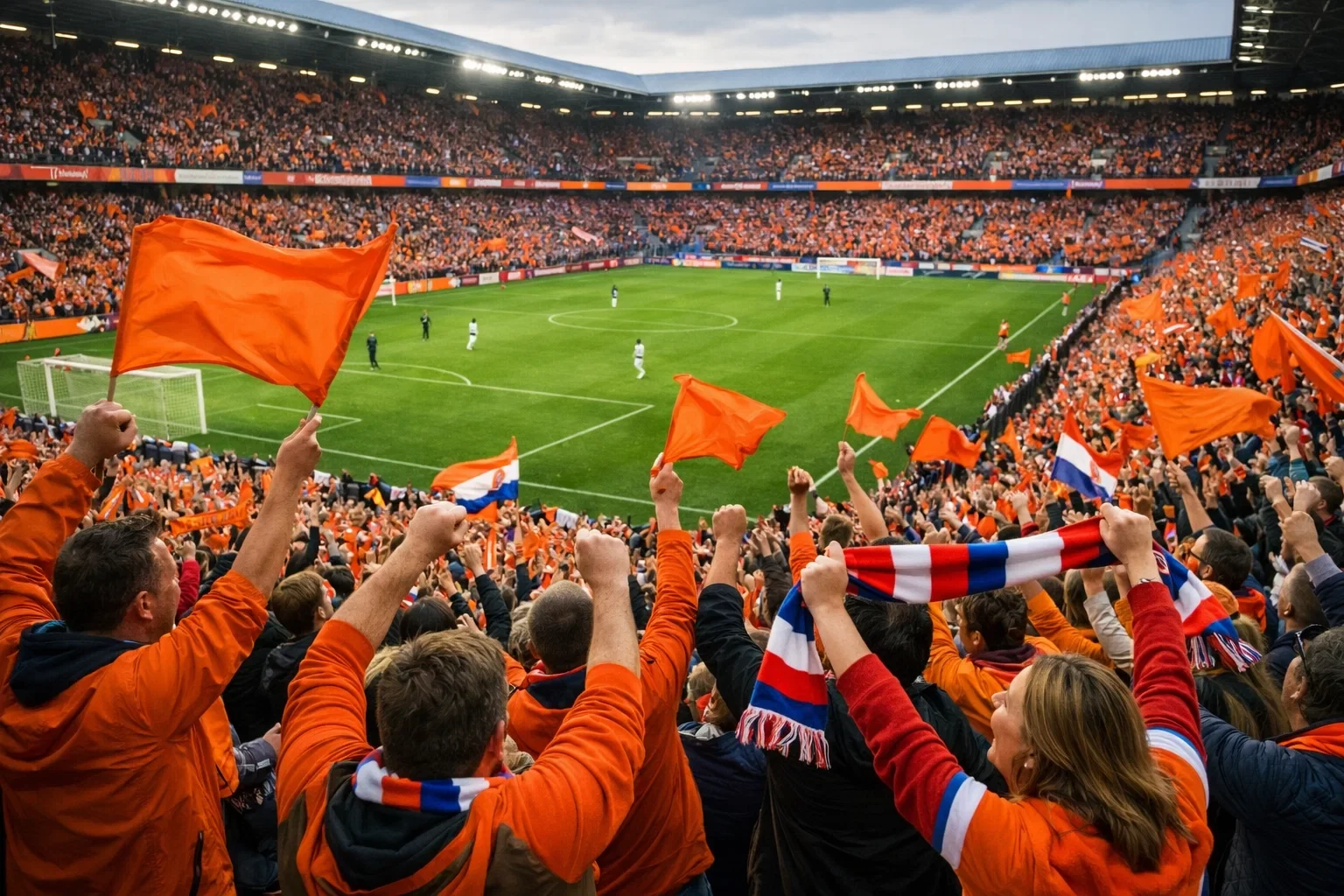 Supporters juichen in Nederlands voetbalstadion met oranje vlaggen tijdens Eredivisie wedstrijd