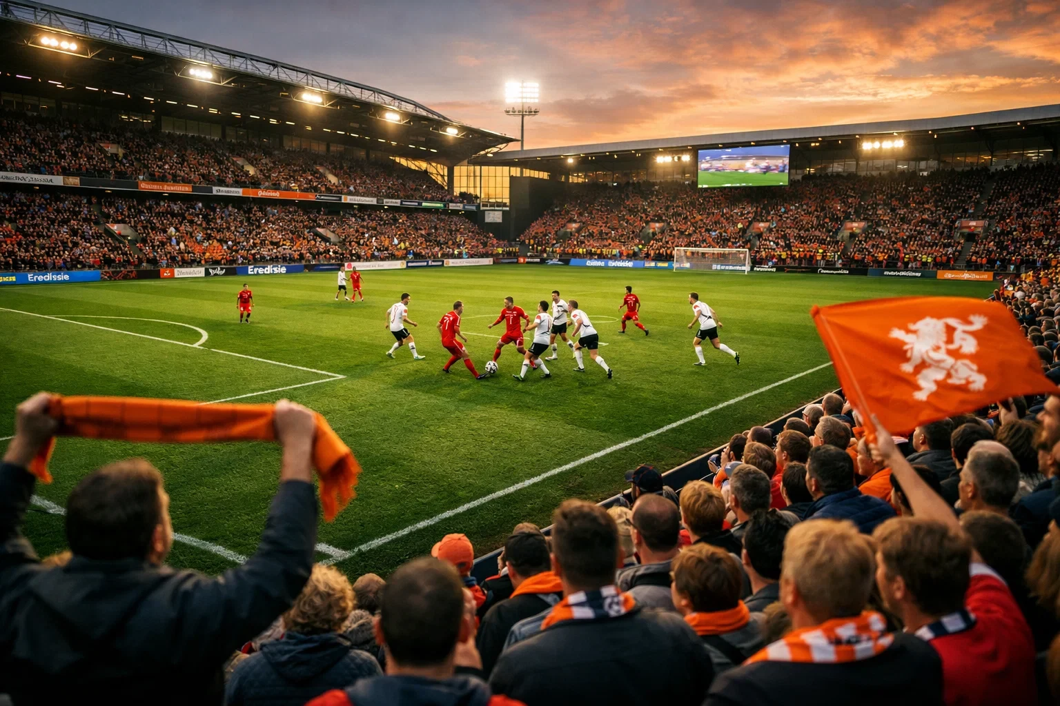 Eredivisie voetbalwedstrijd in vol stadion met sfeer