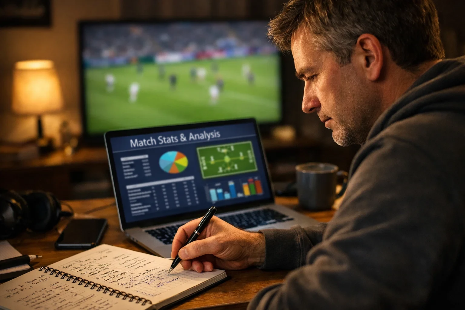 Voetbalfan analyseert wedstrijden op laptop met notities