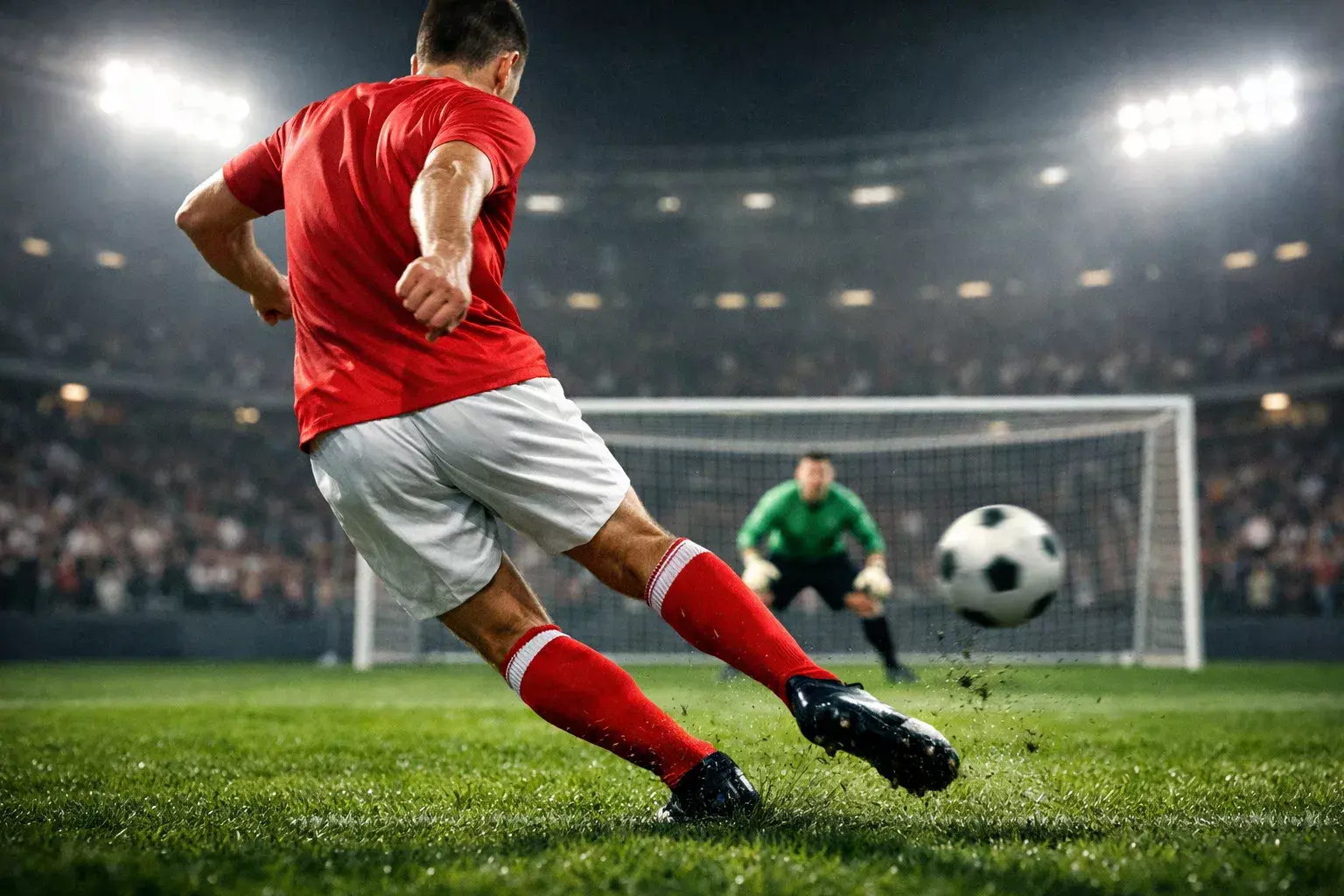 Voetballer schiet op doel in een stadion tijdens een wedstrijd