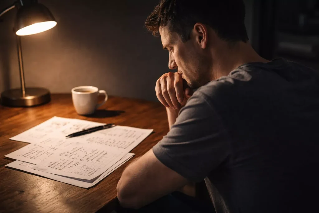 Persoon zit in gedachten verzonken aan een bureau met notities en een pen