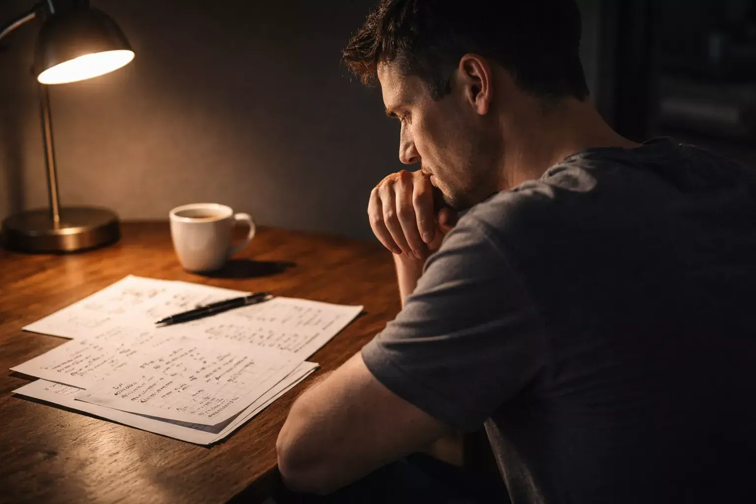 Persoon zit in gedachten verzonken aan een bureau met notities en een pen
