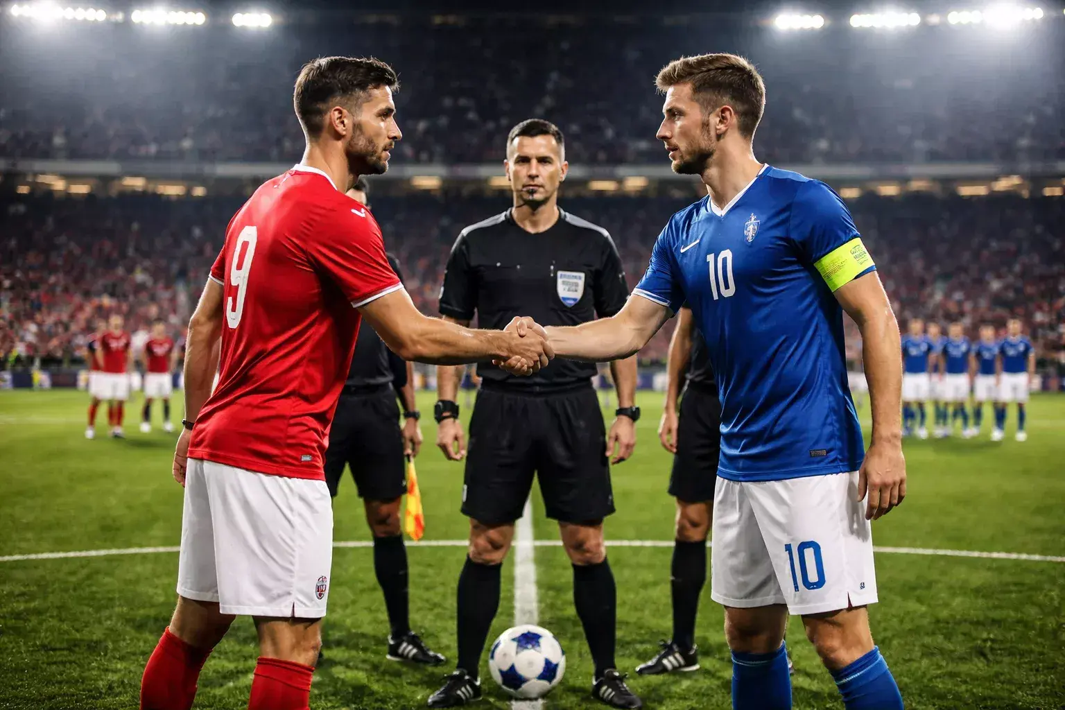 Twee voetbalteams staan tegenover elkaar voor de aftrap op een groen veld