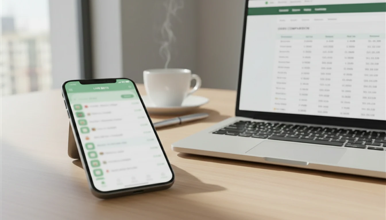 Smartphone met sportwedden app op bureau naast laptop