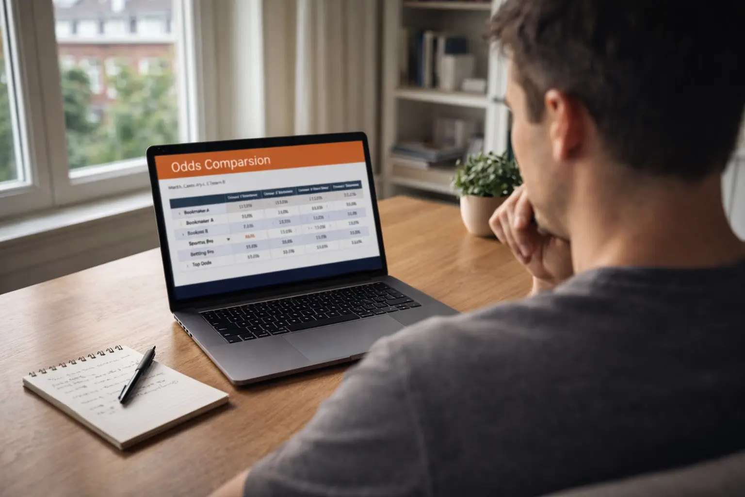 Persoon vergelijkt sportweddenschappen op een laptop in een Nederlandse werkkamer