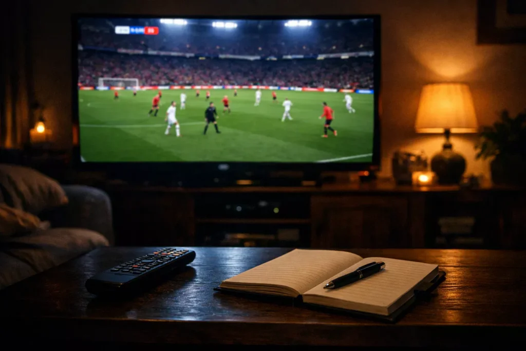 Voetbalwedstrijd op een groot scherm in een sfeervolle woonkamer
