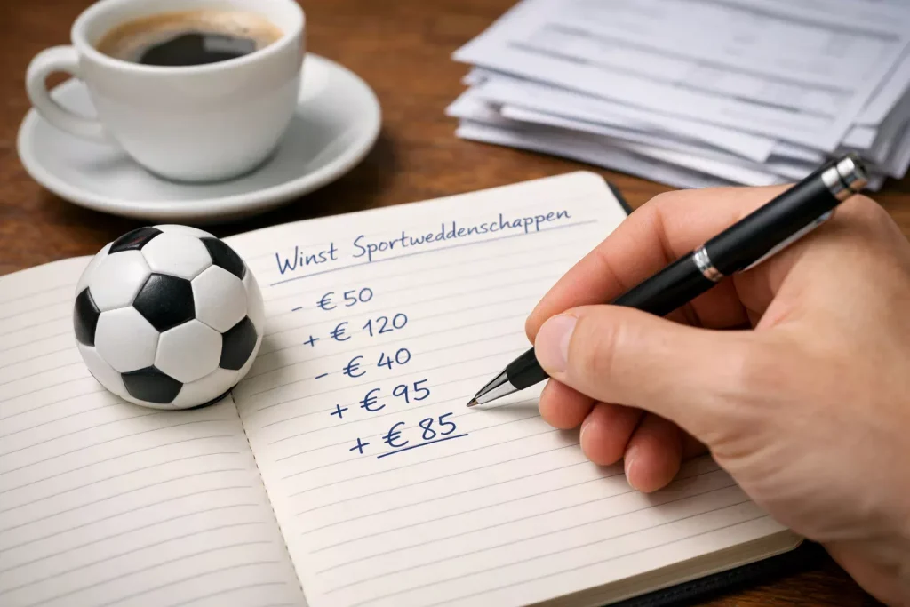 Close-up van een hand die getallen noteert naast een voetbal op een bureau