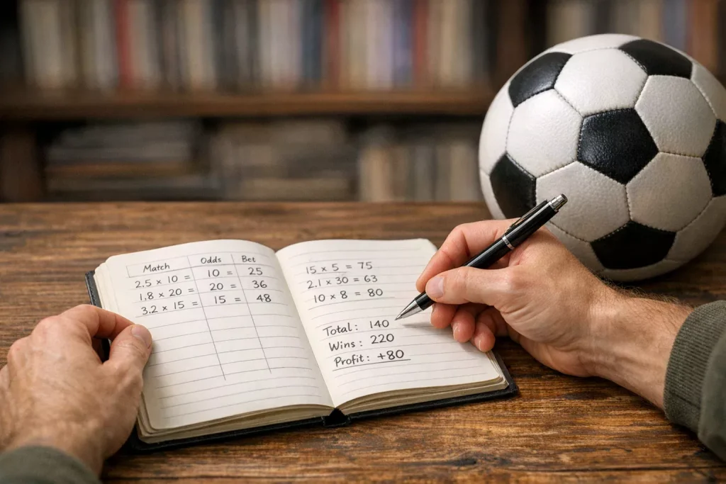 Persoon analyseert voetbalquoteringen op een notitieboek met pen