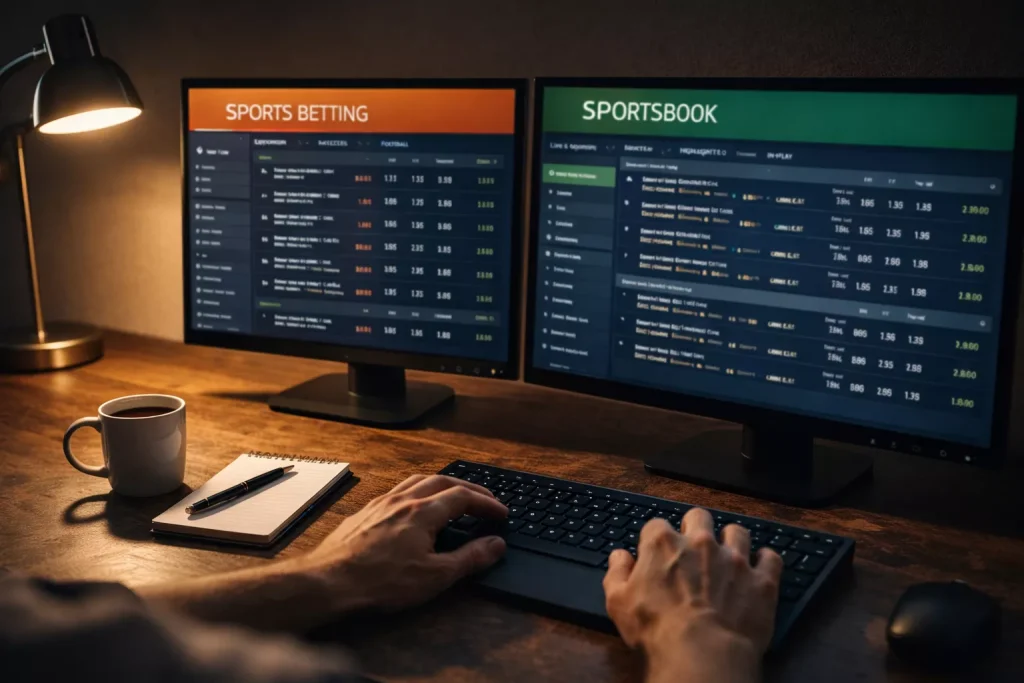 Meerdere beeldschermen tonen voetbalquoteringen naast elkaar op een bureau