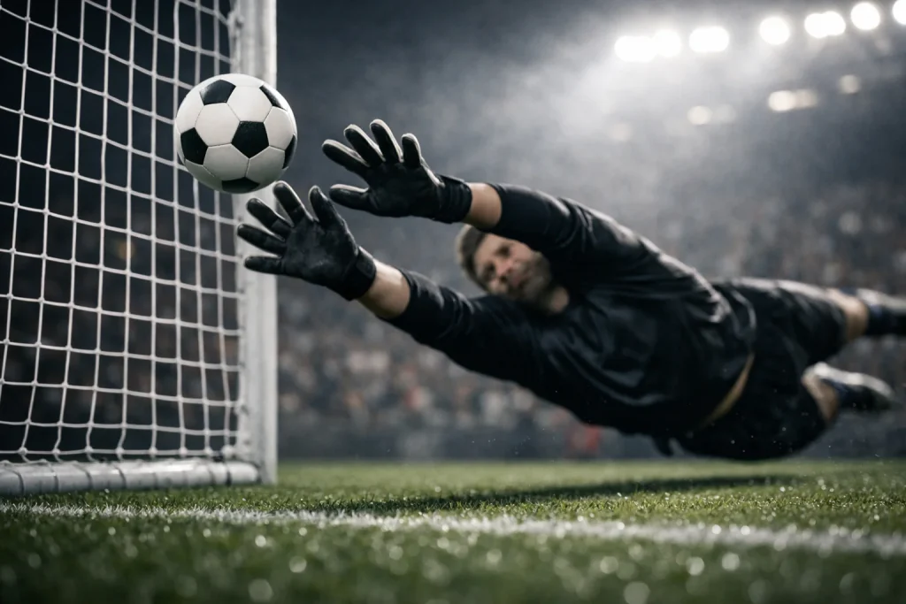 Voetbal vliegt richting het doel tijdens een aanval in een verlicht stadion