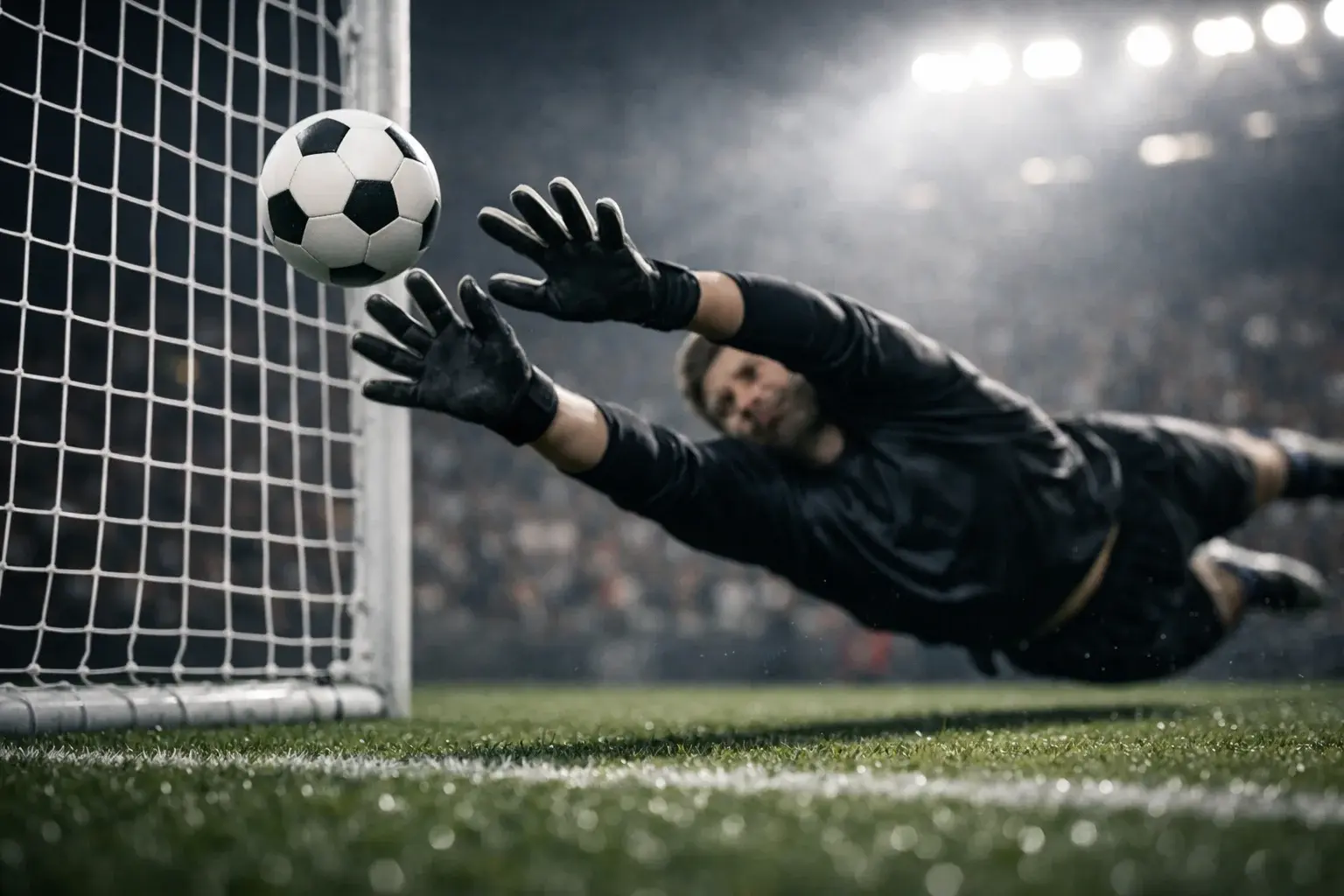 Voetbal vliegt richting het doel tijdens een aanval in een verlicht stadion