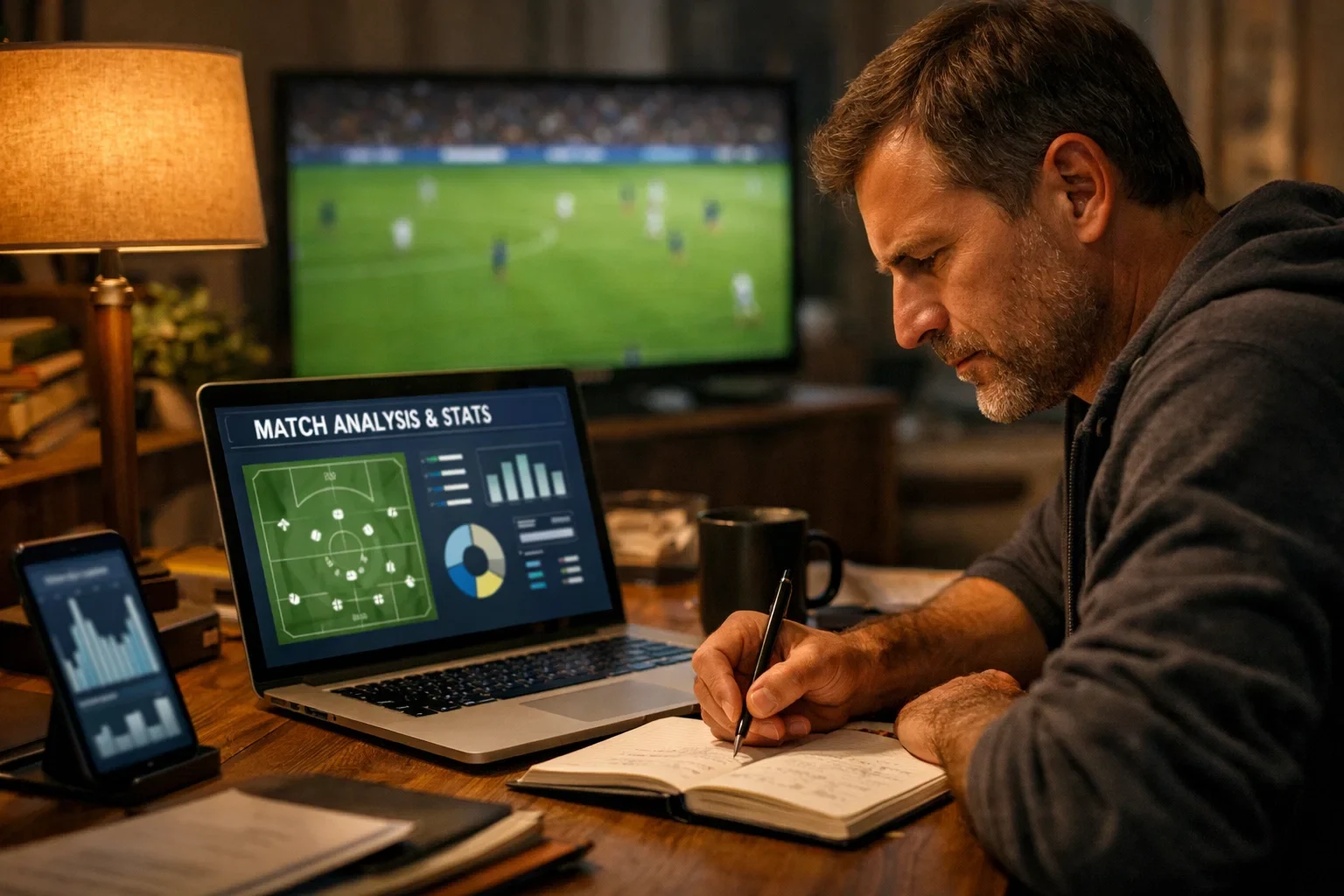 Voetbalfan maakt notities tijdens wedstrijd analyse