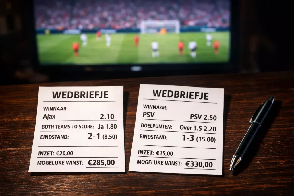 Twee voetbalwedformulieren naast elkaar op een tafel met een pen