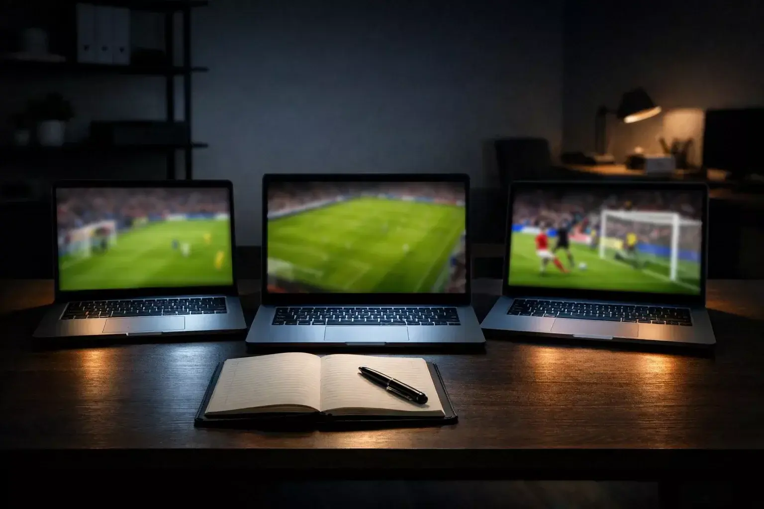 Drie opengeklapte laptops naast elkaar op een bureau met voetbalscherm