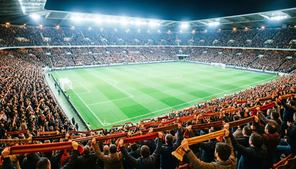 Vol voetbalstadion met enthousiaste supporters tijdens een avondwedstrijd