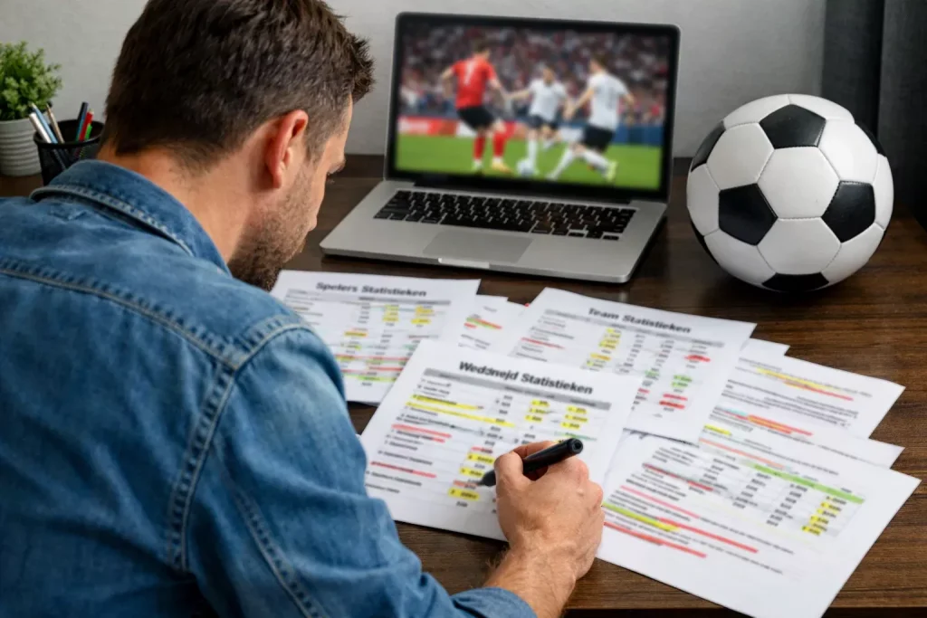 Persoon bestudeert voetbalstatistieken op papier aan een bureau