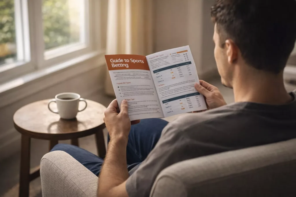 Persoon zit rustig in een lichte kamer en leest een informatiebrochure