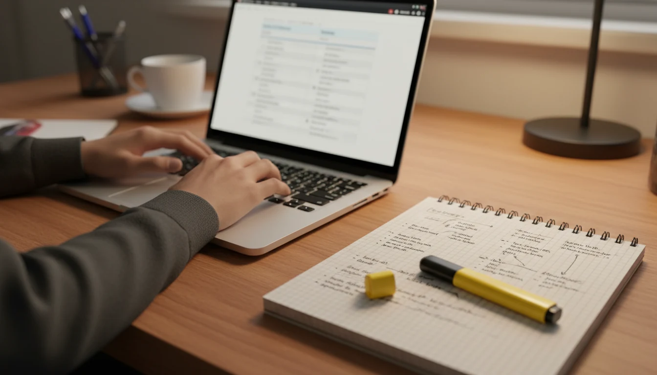 Persoon vergelijkt opties op laptop met notitieblok