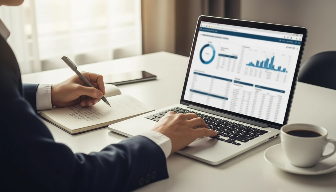 Persoon analyseert voetbalstatistieken op laptop met aantekeningen en koffie op bureau