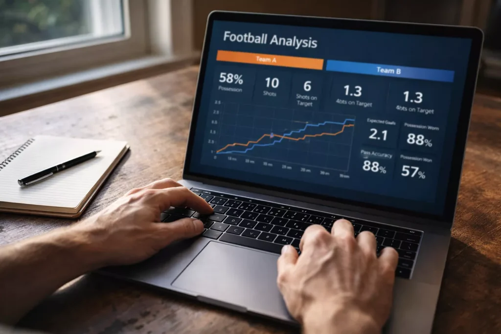 Laptopscherm met voetbalstatistieken en grafieken in een geconcentreerde werkomgeving