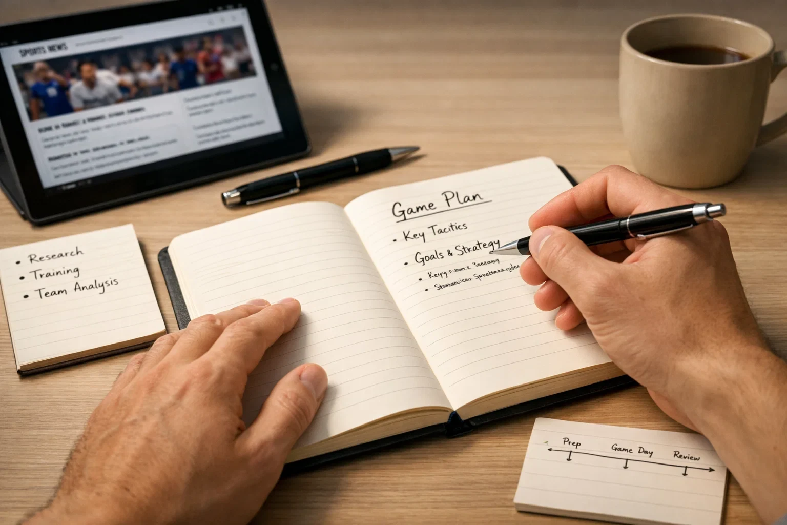 Hand schrijft wedstrategie in notitieboek met pen naast tablet met sportnieuws