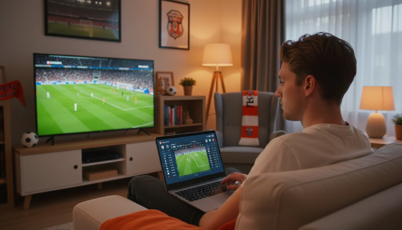Fan kijkt naar voetbalwedstrijd op laptop met wedformulier