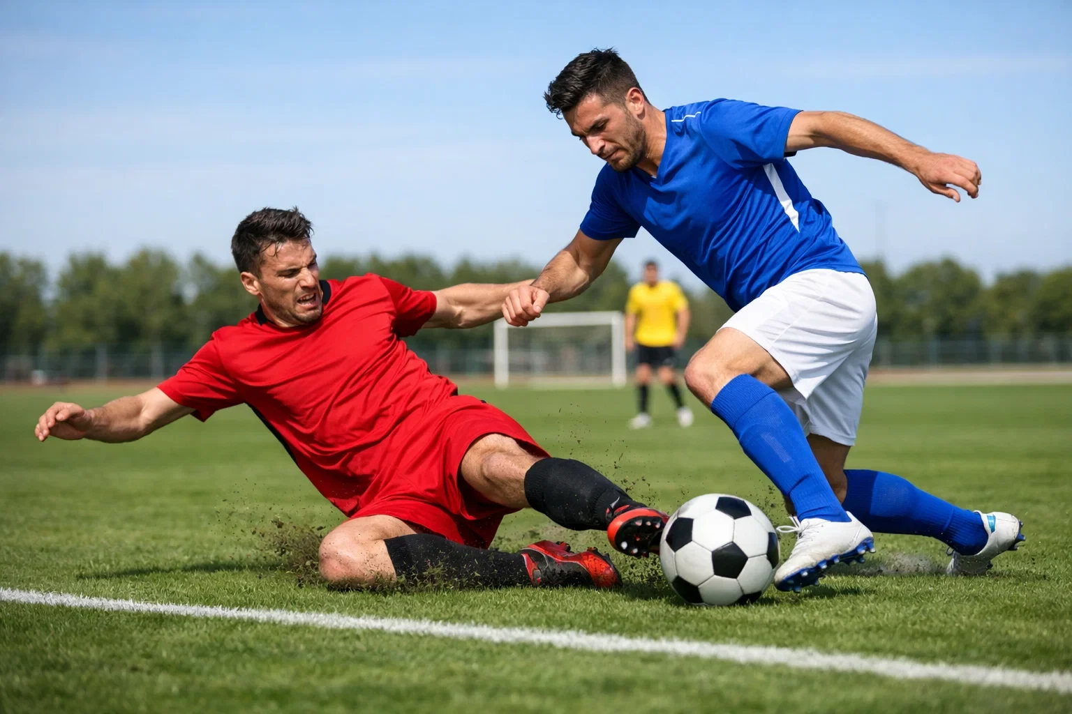 Professionele voetballers in actie tijdens competitiewedstrijd op groen natuurgras