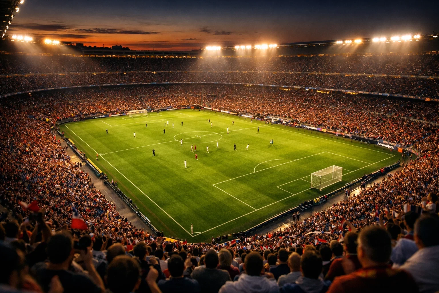 Sfeervolle avondwedstrijd in een vol voetbalstadion met groene grasmat en verlichte tribunes