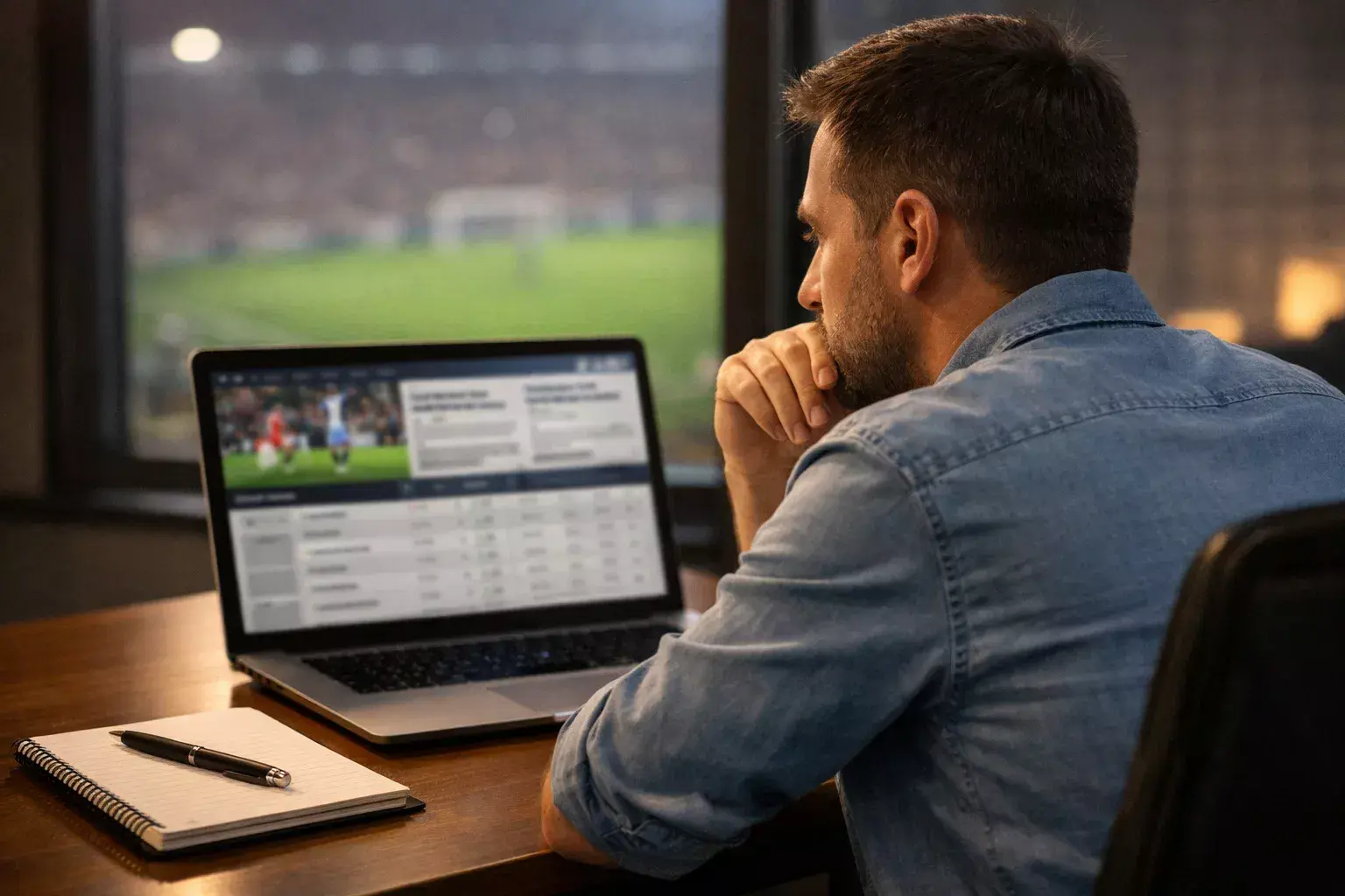 Analist bestudeert voetbalstatistieken op een laptop naast het veld