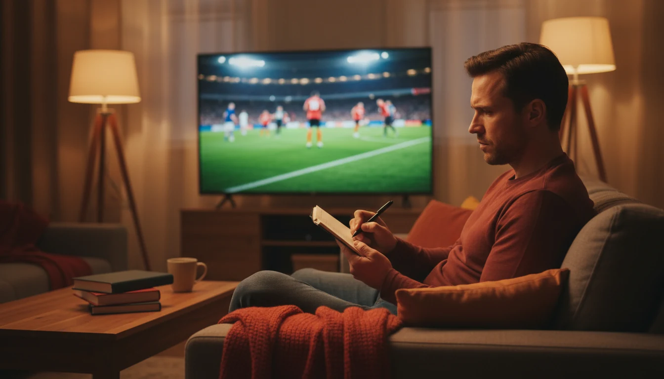 Voetbalfan maakt aantekeningen tijdens wedstrijd op televisie