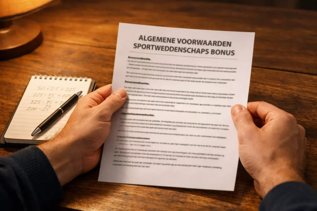 Persoon bestudeert bonusvoorwaarden op papier aan een bureau met een notitieboek