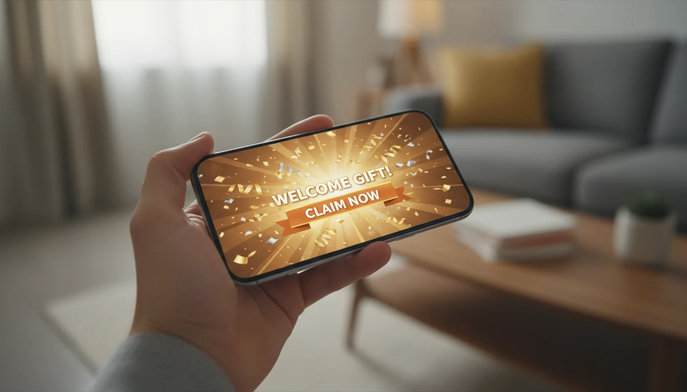Hand houdt smartphone met bonusaanbieding op scherm
