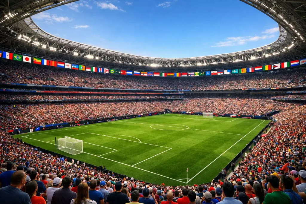 Groot internationaal voetbalstadion in de Verenigde Staten met nationale vlaggen